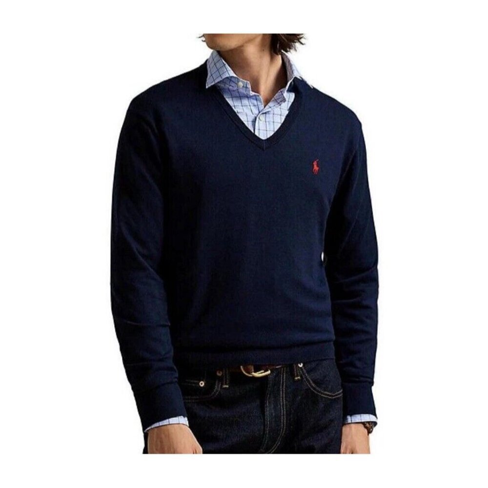 Polo Ralph Lauren Blue V-Neck Pima Cotton Pullover Sweater Jumper Men's Size XXL